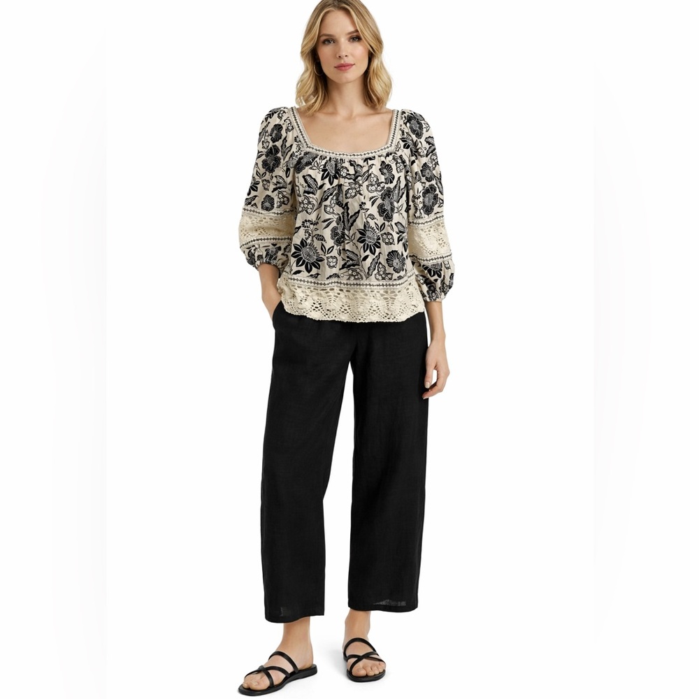 Christian Siriano Linen Blend Crochet Black & Cream Boho Peasant Blouse Size M